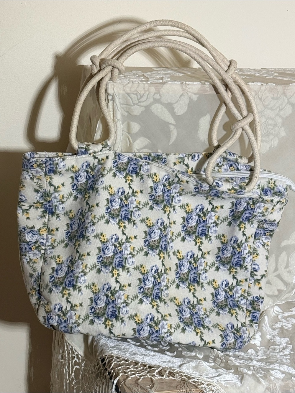 Farmhouse Is My Style Ditzy Floral Canvas Tote Bag Rope Handle Cottagecore